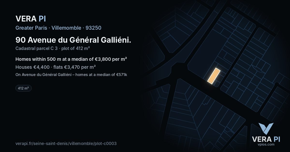 90 Avenue du Général Galliéni, Villemomble at night – the plot lit, the parcels around coloured by the prices near them