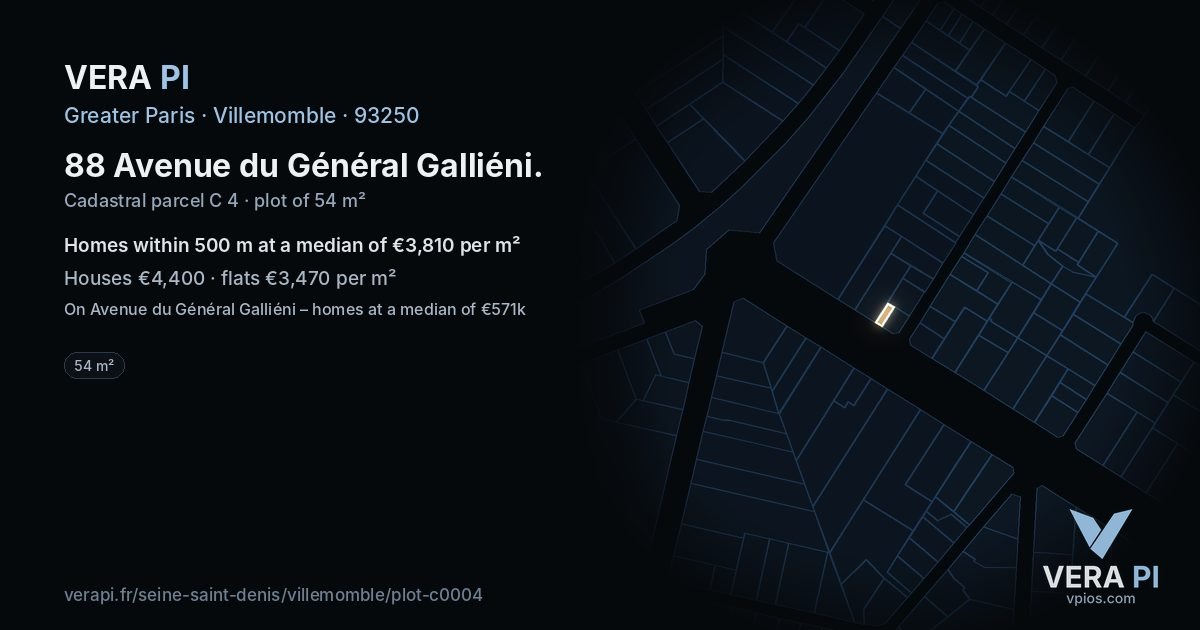88 Avenue du Général Galliéni, Villemomble at night – the plot lit, the parcels around coloured by the prices near them