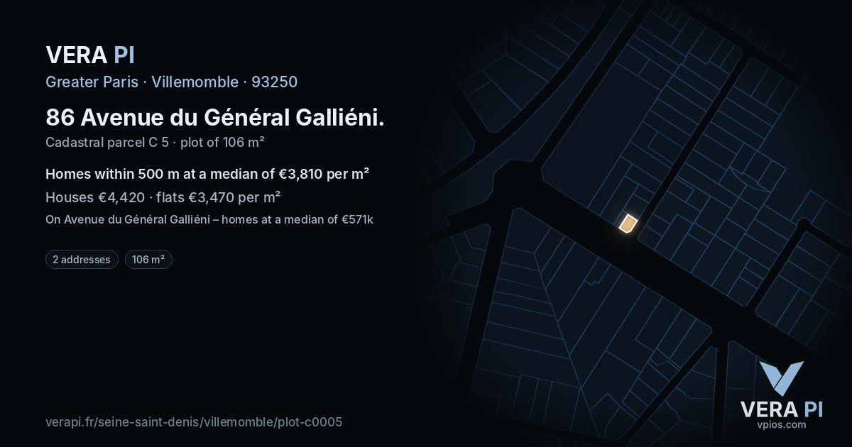 86 Avenue du Général Galliéni, Villemomble at night – the plot lit, the parcels around coloured by the prices near them