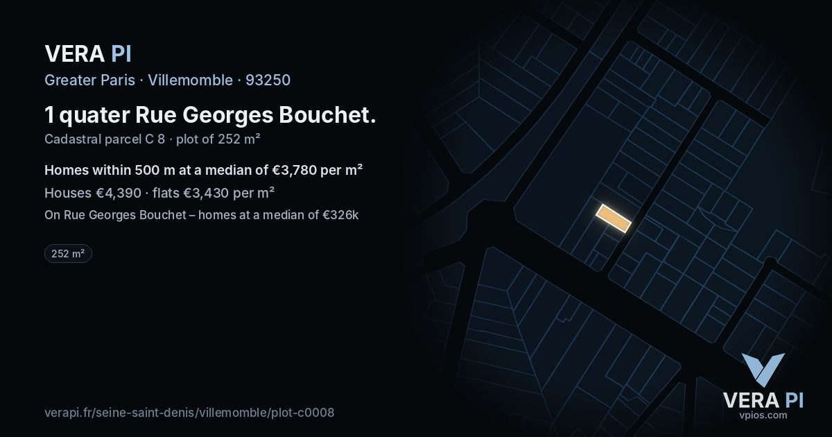 1 quater Rue Georges Bouchet, Villemomble at night – the plot lit, the parcels around coloured by the prices near them