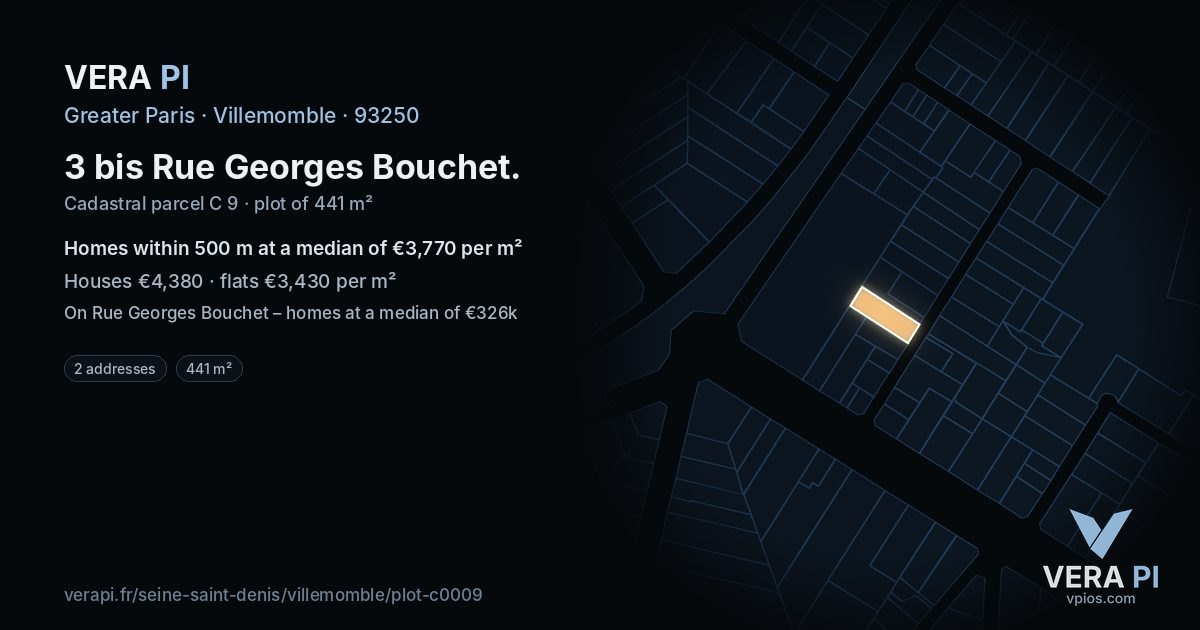3 bis Rue Georges Bouchet, Villemomble at night – the plot lit, the parcels around coloured by the prices near them