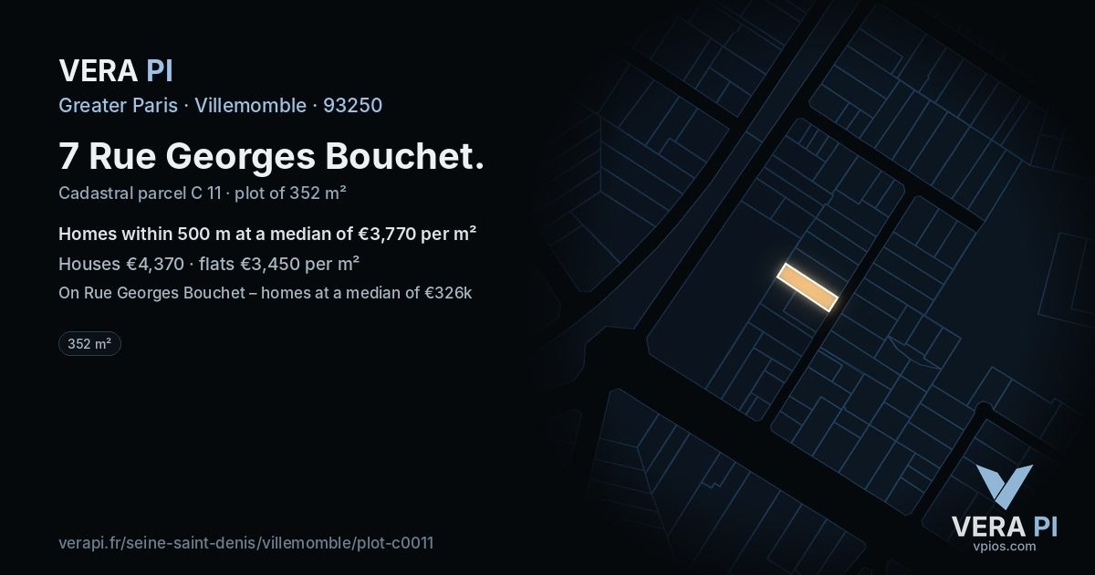 7 Rue Georges Bouchet, Villemomble at night – the plot lit, the parcels around coloured by the prices near them
