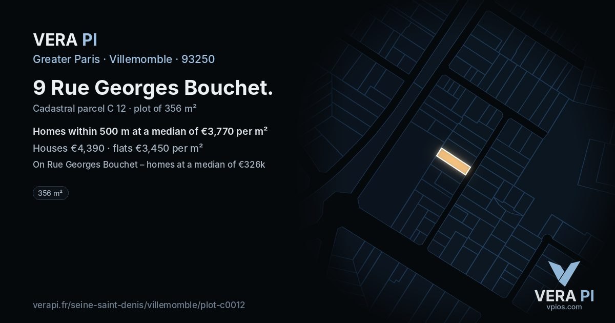 9 Rue Georges Bouchet, Villemomble at night – the plot lit, the parcels around coloured by the prices near them