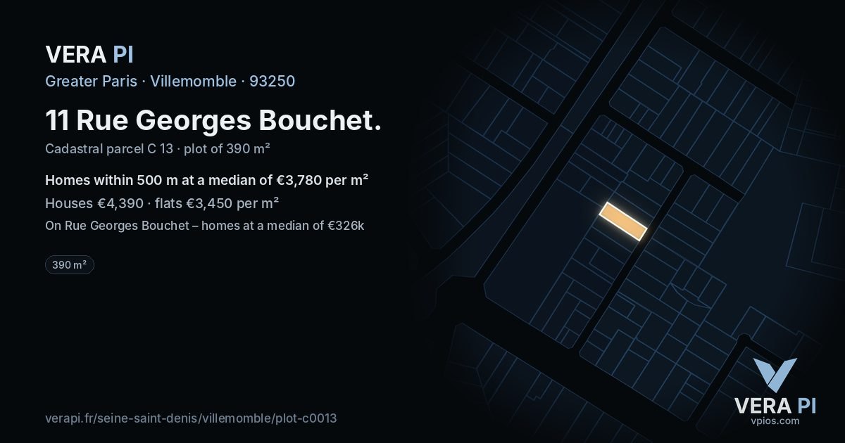 11 Rue Georges Bouchet, Villemomble at night – the plot lit, the parcels around coloured by the prices near them