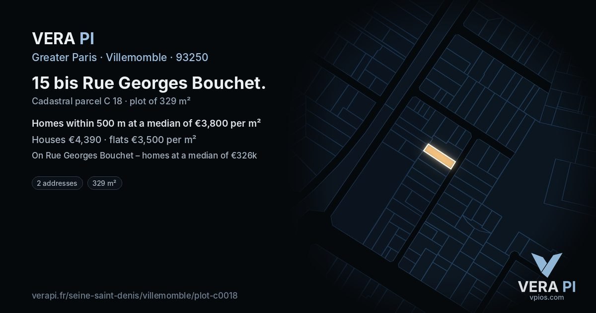 15 bis Rue Georges Bouchet, Villemomble at night – the plot lit, the parcels around coloured by the prices near them