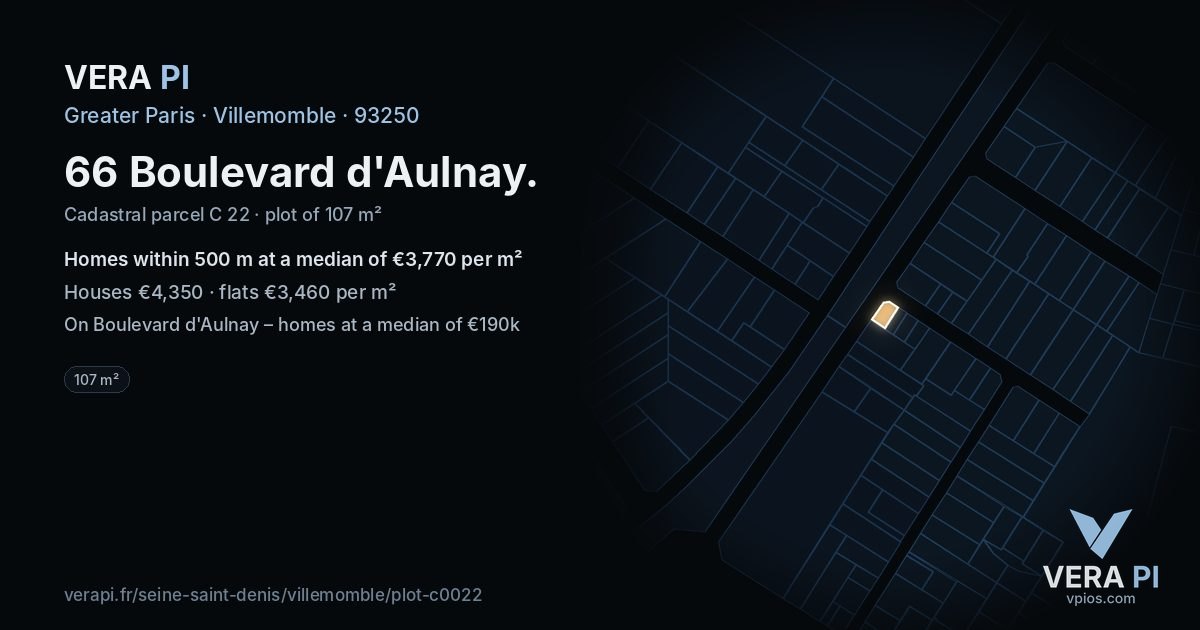 66 Boulevard d'Aulnay, Villemomble at night – the plot lit, the parcels around coloured by the prices near them
