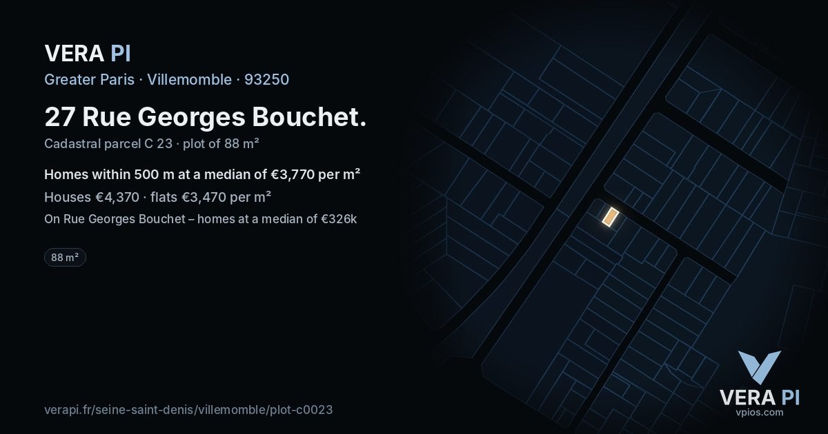 27 Rue Georges Bouchet, Villemomble at night – the plot lit, the parcels around coloured by the prices near them