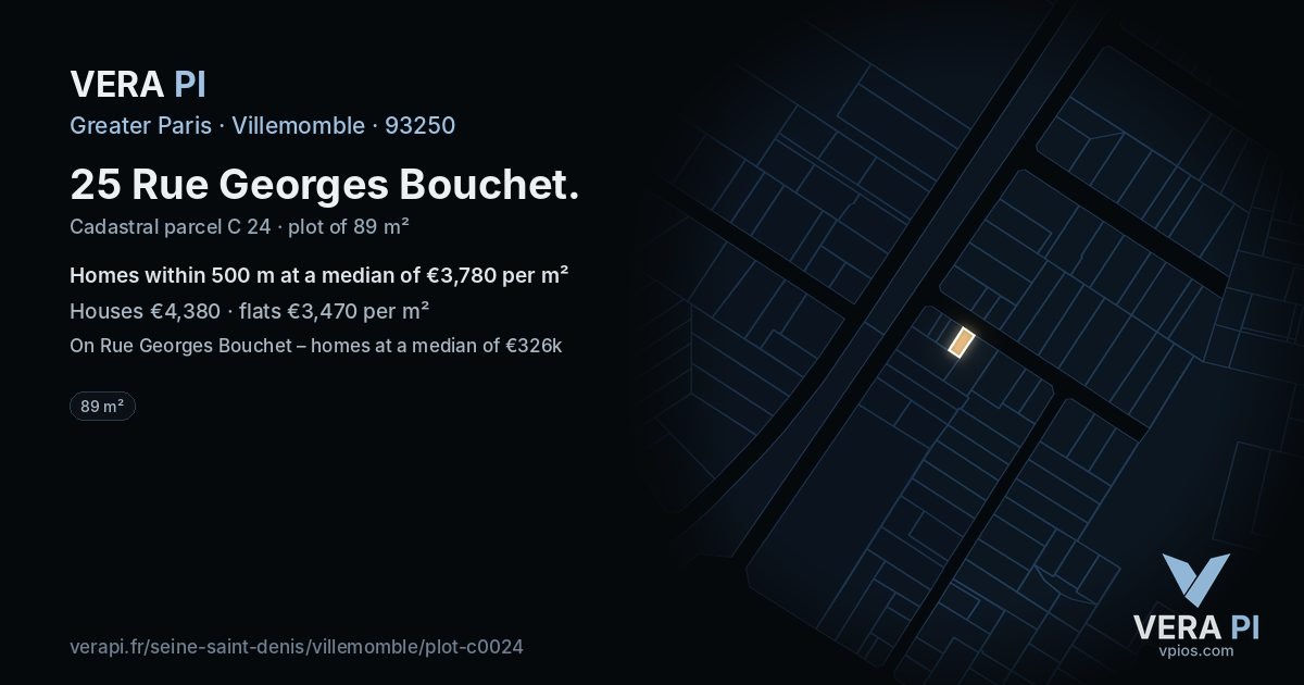 25 Rue Georges Bouchet, Villemomble at night – the plot lit, the parcels around coloured by the prices near them