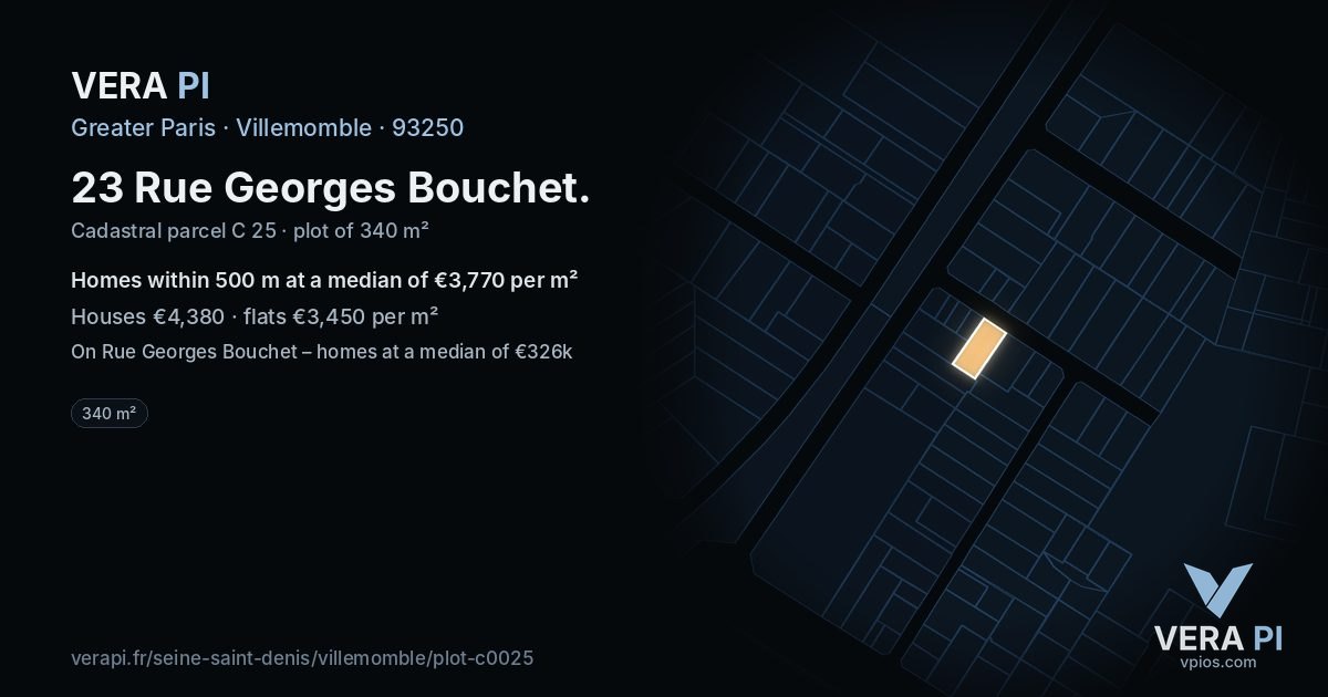 23 Rue Georges Bouchet, Villemomble at night – the plot lit, the parcels around coloured by the prices near them