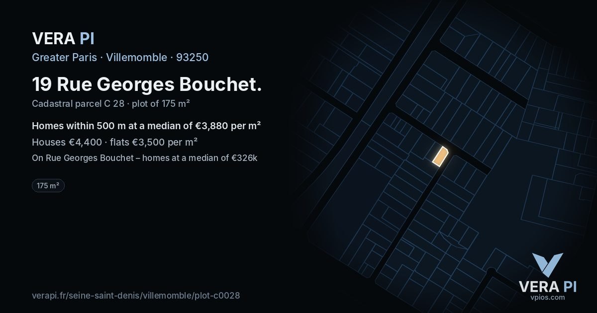 19 Rue Georges Bouchet, Villemomble at night – the plot lit, the parcels around coloured by the prices near them