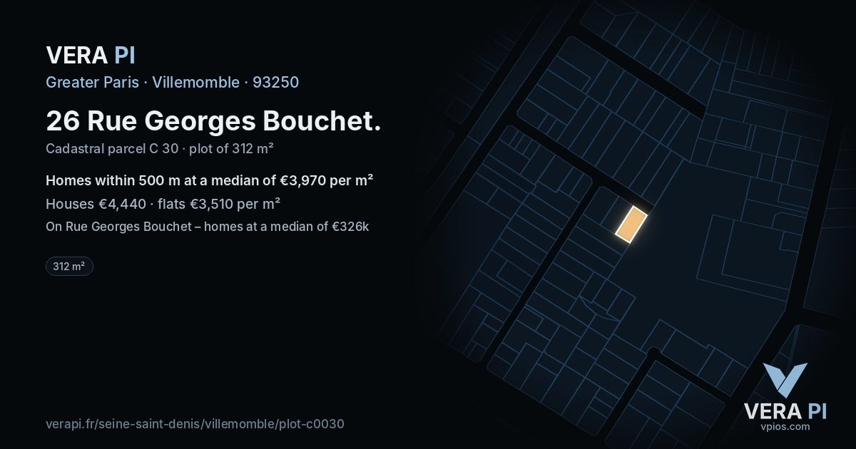 26 Rue Georges Bouchet, Villemomble at night – the plot lit, the parcels around coloured by the prices near them