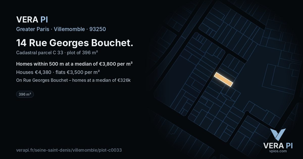 14 Rue Georges Bouchet, Villemomble at night – the plot lit, the parcels around coloured by the prices near them