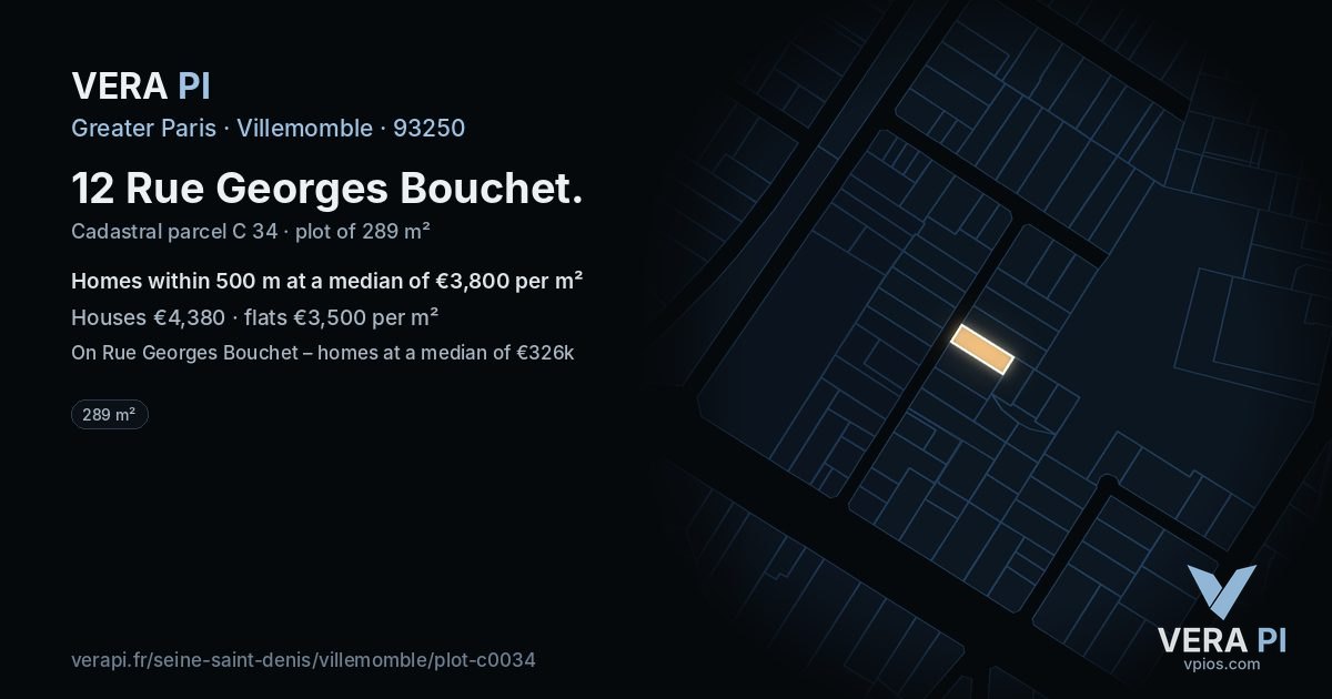 12 Rue Georges Bouchet, Villemomble at night – the plot lit, the parcels around coloured by the prices near them