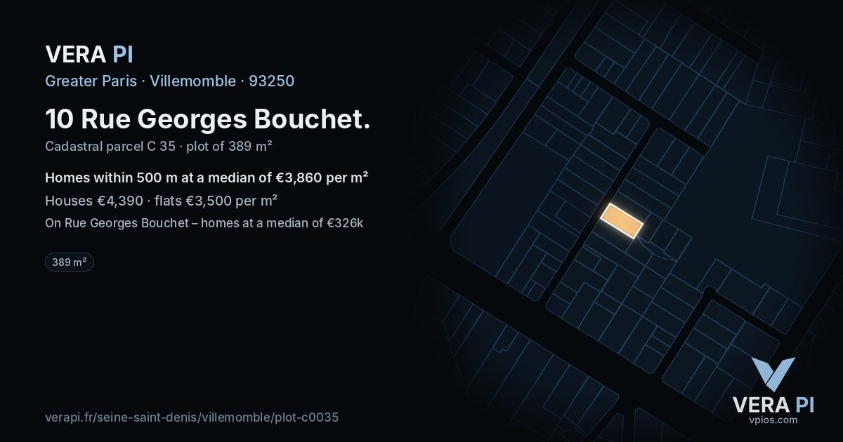 10 Rue Georges Bouchet, Villemomble at night – the plot lit, the parcels around coloured by the prices near them