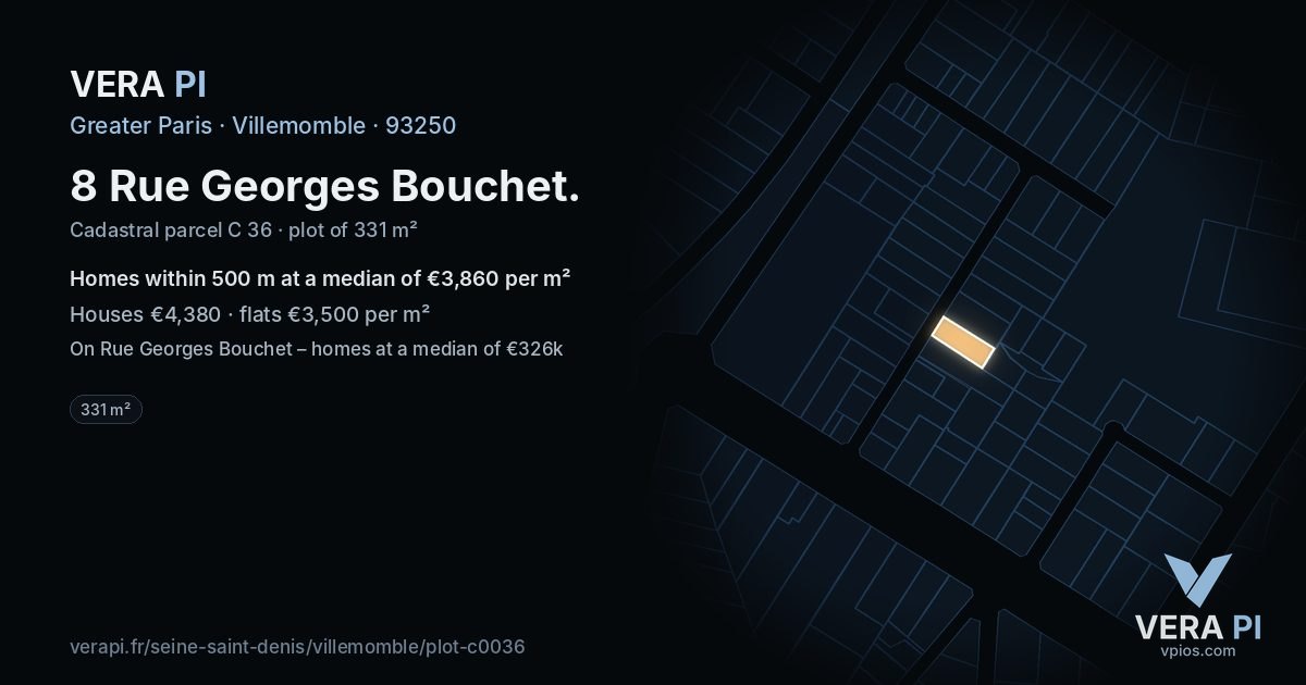 8 Rue Georges Bouchet, Villemomble at night – the plot lit, the parcels around coloured by the prices near them