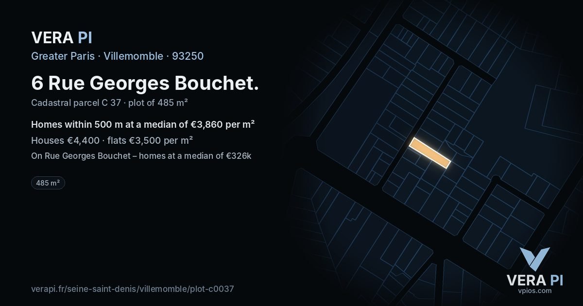 6 Rue Georges Bouchet, Villemomble at night – the plot lit, the parcels around coloured by the prices near them