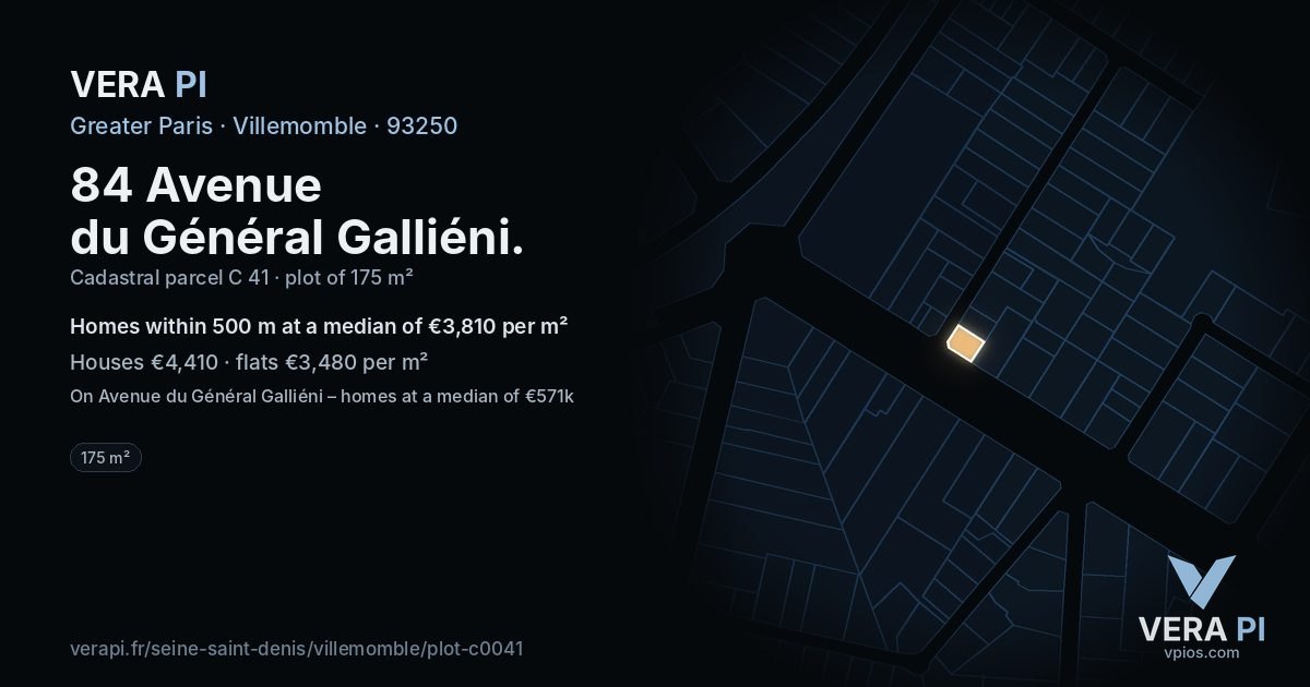 84 Avenue du Général Galliéni, Villemomble at night – the plot lit, the parcels around coloured by the prices near them
