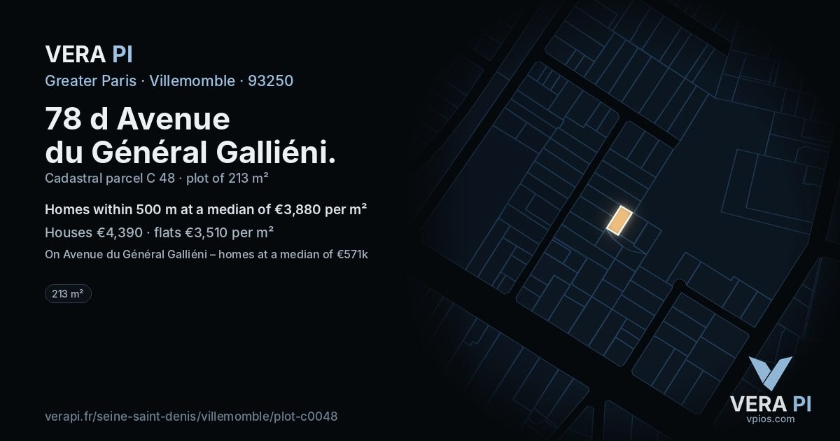 78 d Avenue du Général Galliéni, Villemomble at night – the plot lit, the parcels around coloured by the prices near them