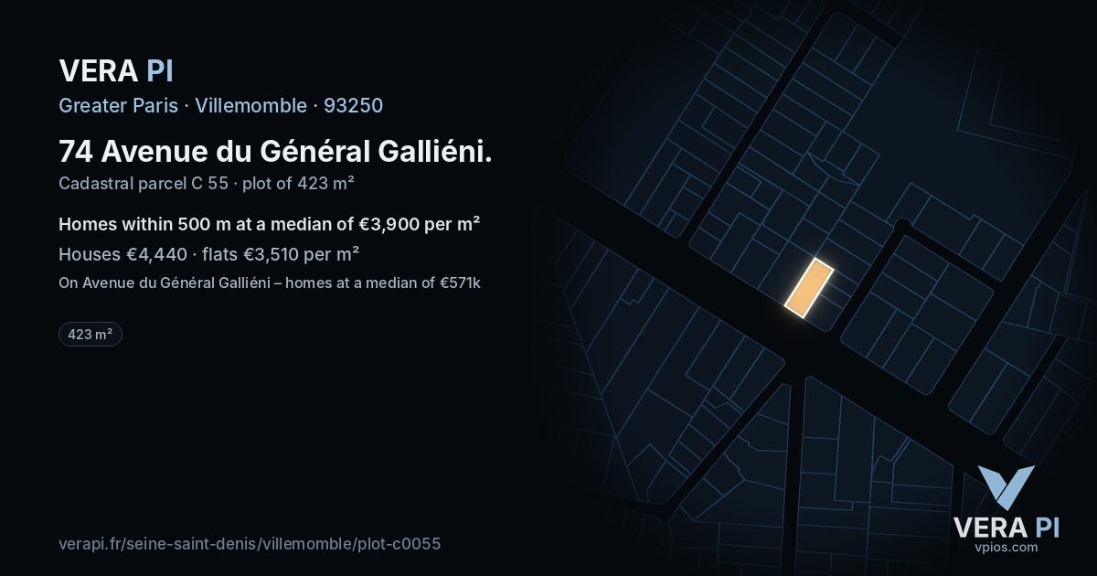 74 Avenue du Général Galliéni, Villemomble at night – the plot lit, the parcels around coloured by the prices near them