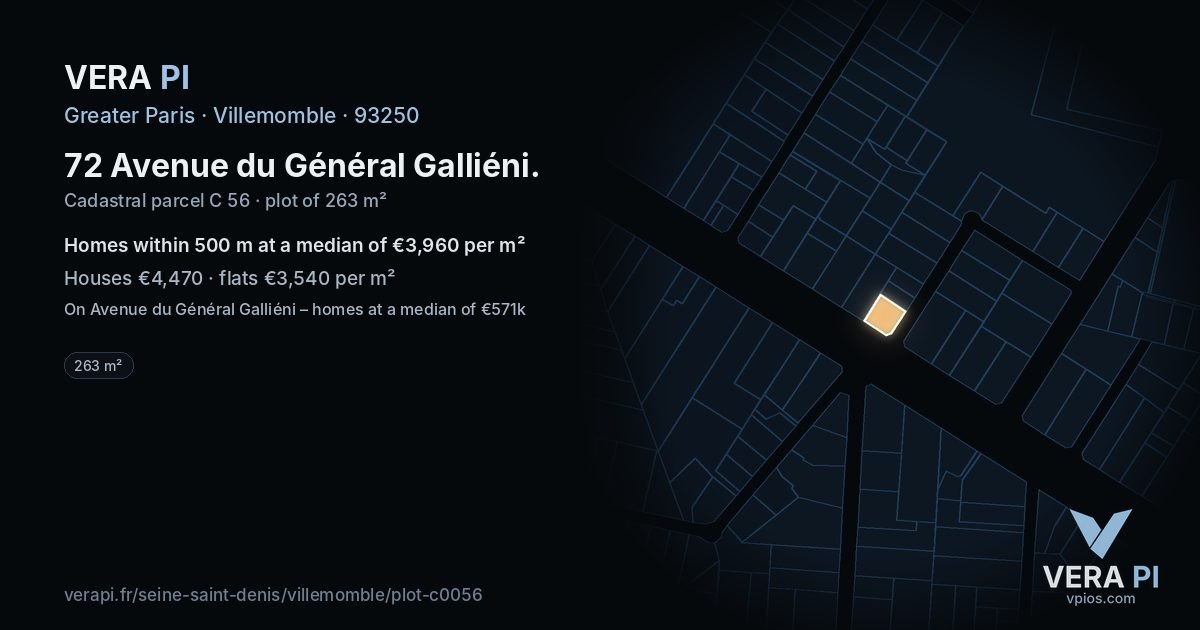 72 Avenue du Général Galliéni, Villemomble at night – the plot lit, the parcels around coloured by the prices near them