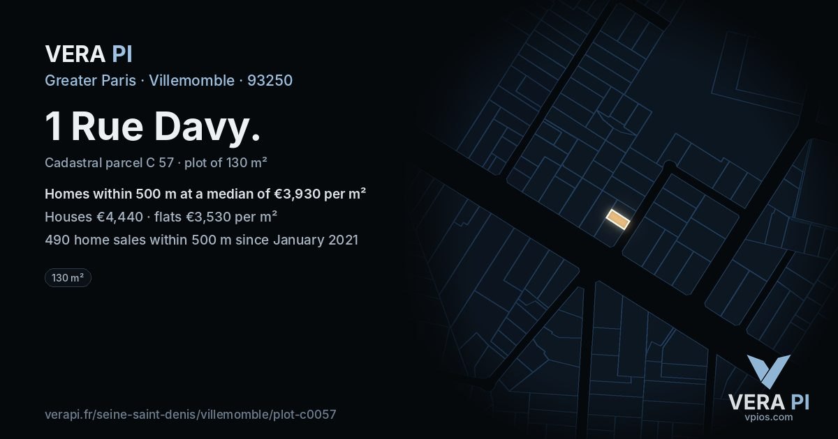 1 Rue Davy, Villemomble at night – the plot lit, the parcels around coloured by the prices near them