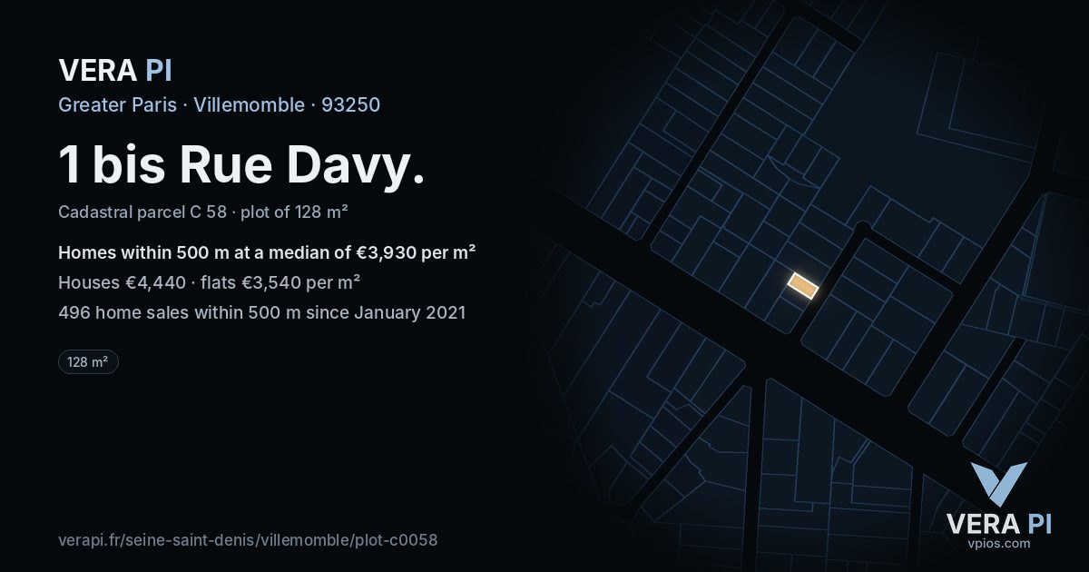 1 bis Rue Davy, Villemomble at night – the plot lit, the parcels around coloured by the prices near them