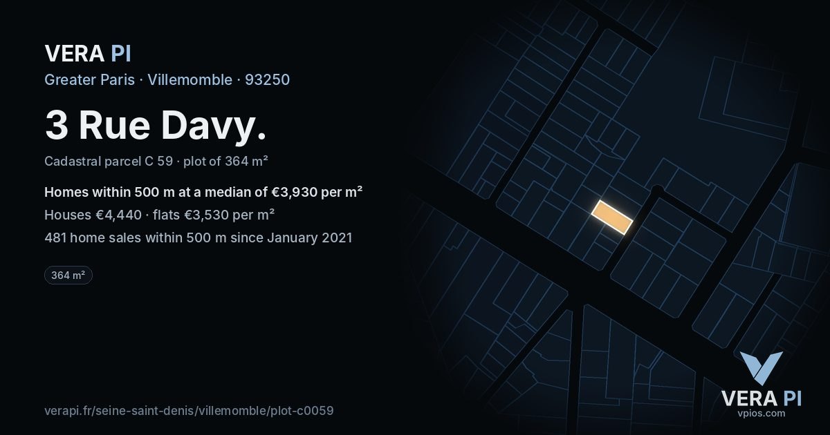 3 Rue Davy, Villemomble at night – the plot lit, the parcels around coloured by the prices near them
