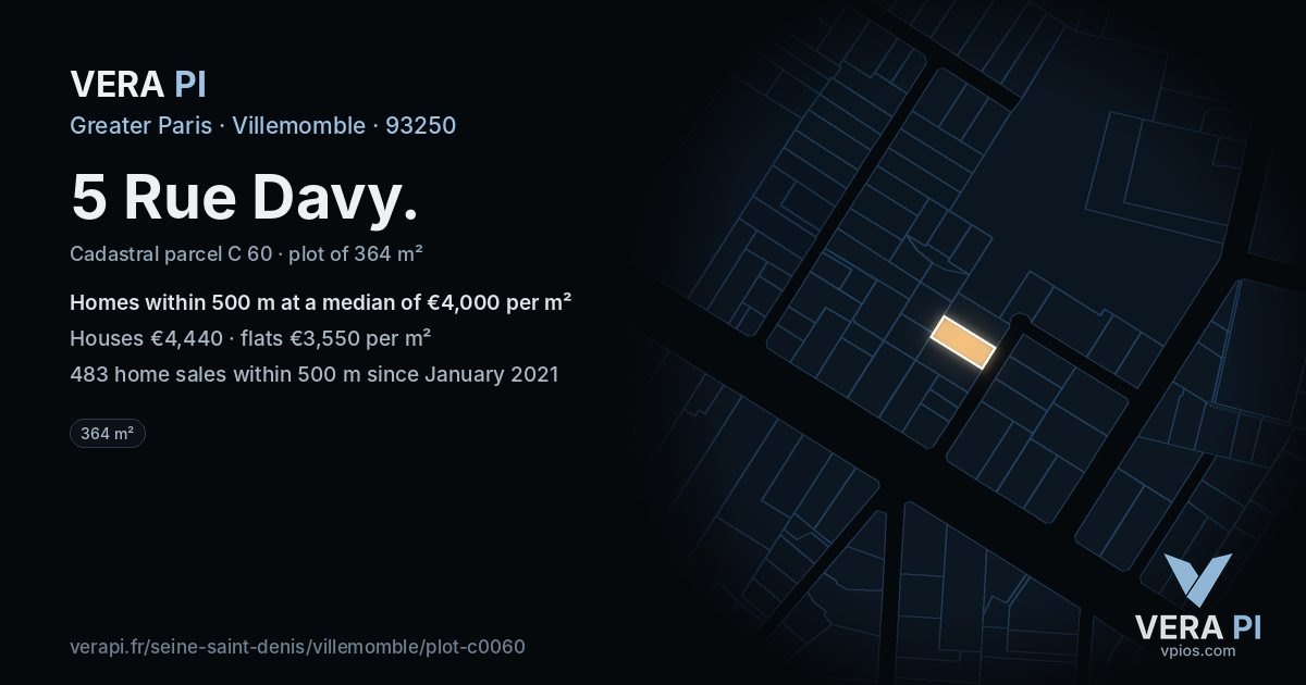 5 Rue Davy, Villemomble at night – the plot lit, the parcels around coloured by the prices near them