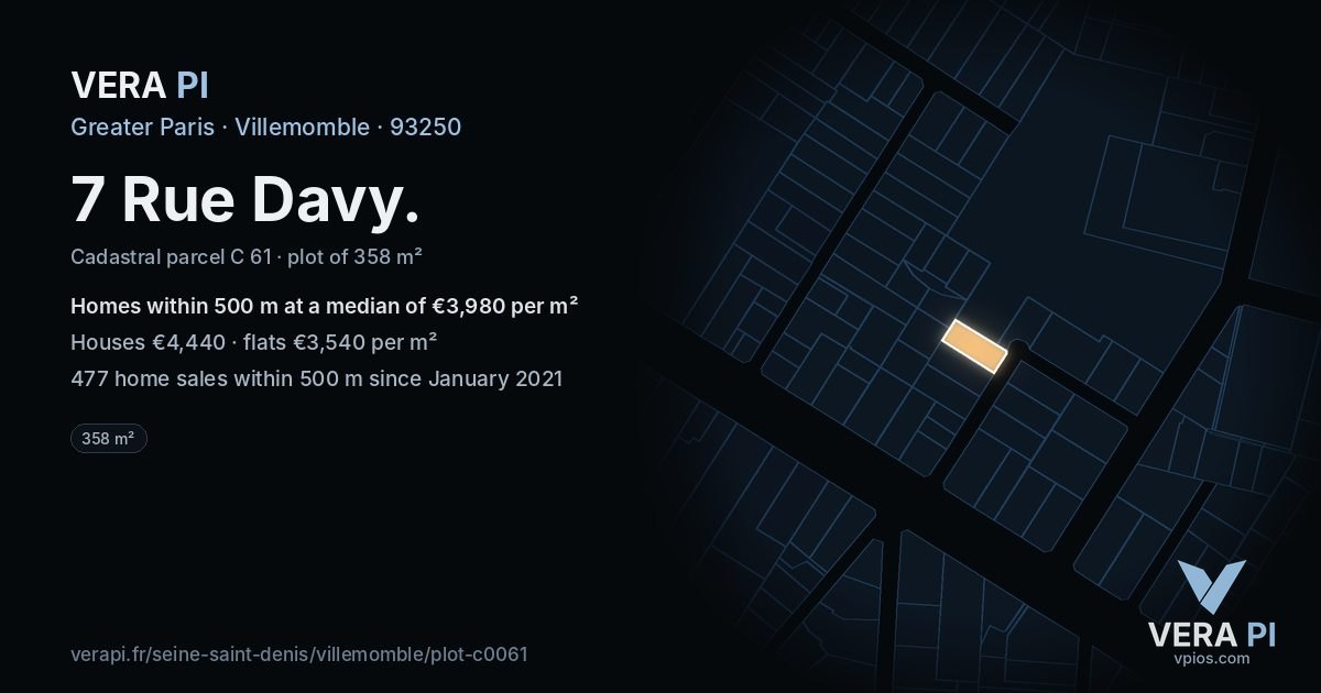 7 Rue Davy, Villemomble at night – the plot lit, the parcels around coloured by the prices near them