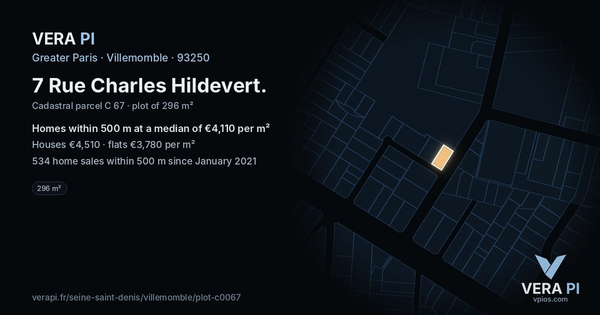 7 Rue Charles Hildevert, Villemomble at night – the plot lit, the parcels around coloured by the prices near them