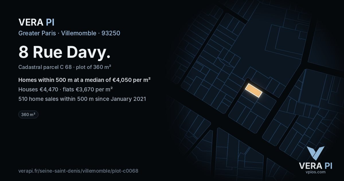 8 Rue Davy, Villemomble at night – the plot lit, the parcels around coloured by the prices near them