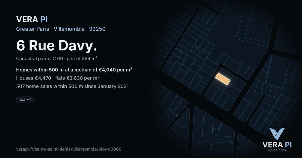 6 Rue Davy, Villemomble at night – the plot lit, the parcels around coloured by the prices near them