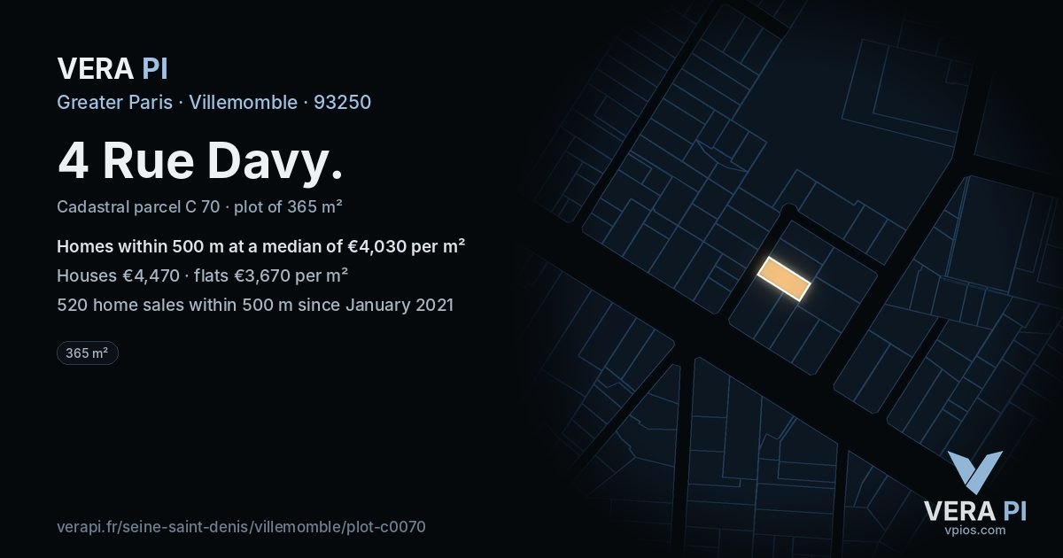 4 Rue Davy, Villemomble at night – the plot lit, the parcels around coloured by the prices near them