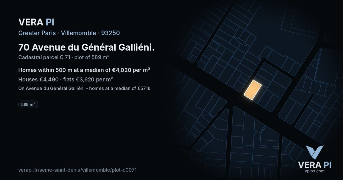 70 Avenue du Général Galliéni, Villemomble at night – the plot lit, the parcels around coloured by the prices near them