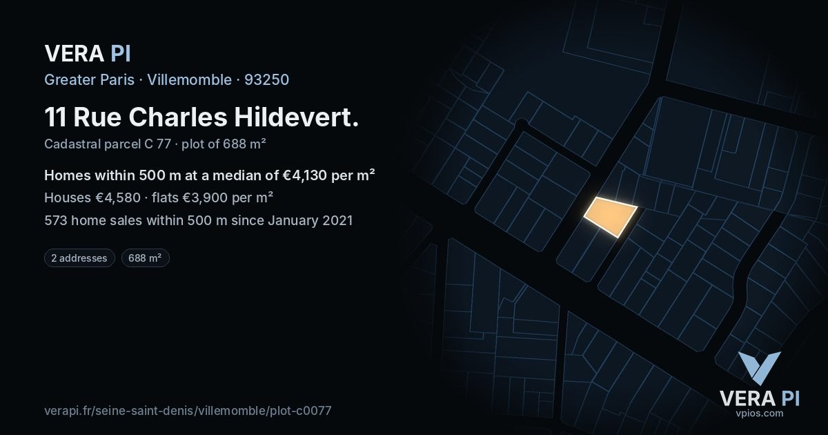 11 Rue Charles Hildevert, Villemomble at night – the plot lit, the parcels around coloured by the prices near them