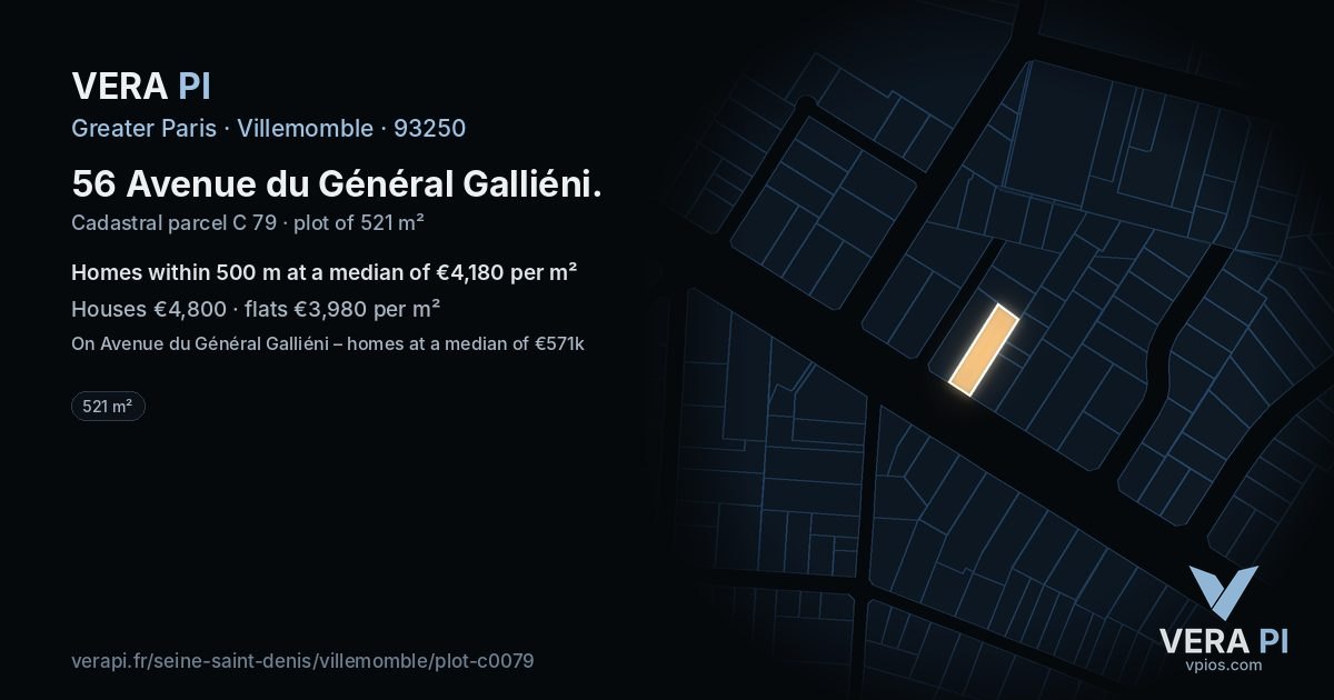 56 Avenue du Général Galliéni, Villemomble at night – the plot lit, the parcels around coloured by the prices near them
