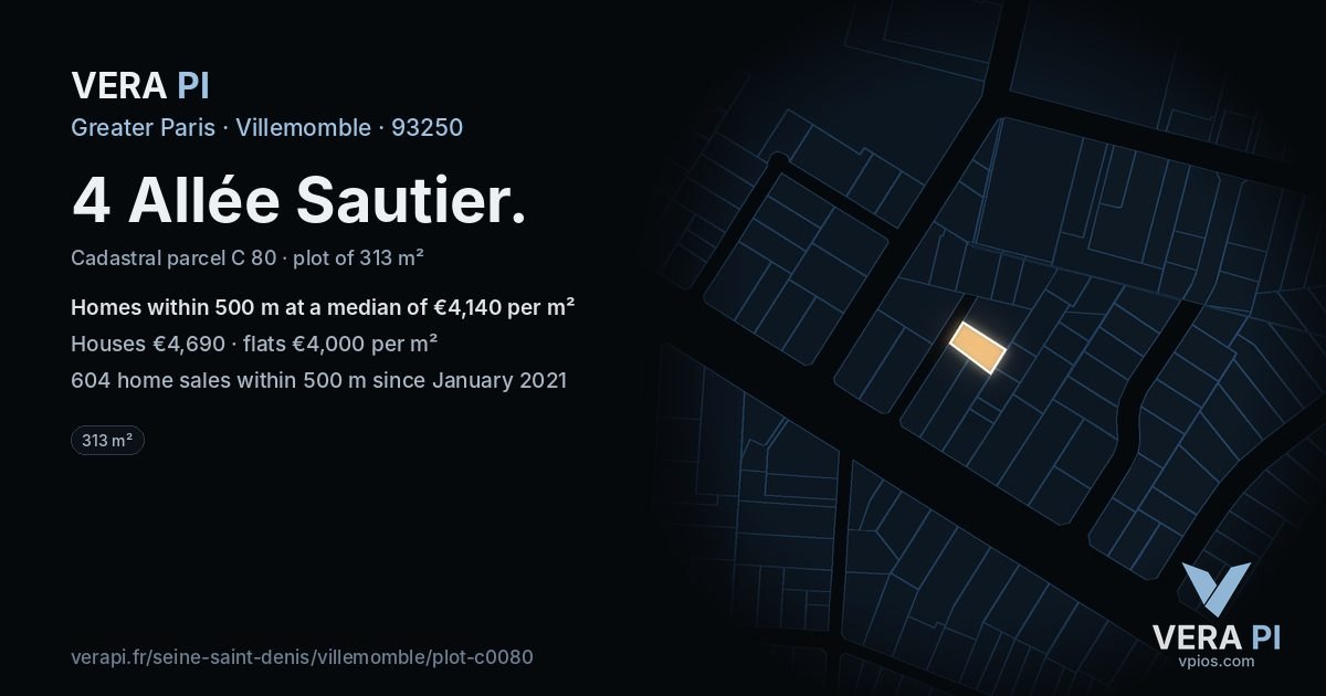 4 Allée Sautier, Villemomble at night – the plot lit, the parcels around coloured by the prices near them