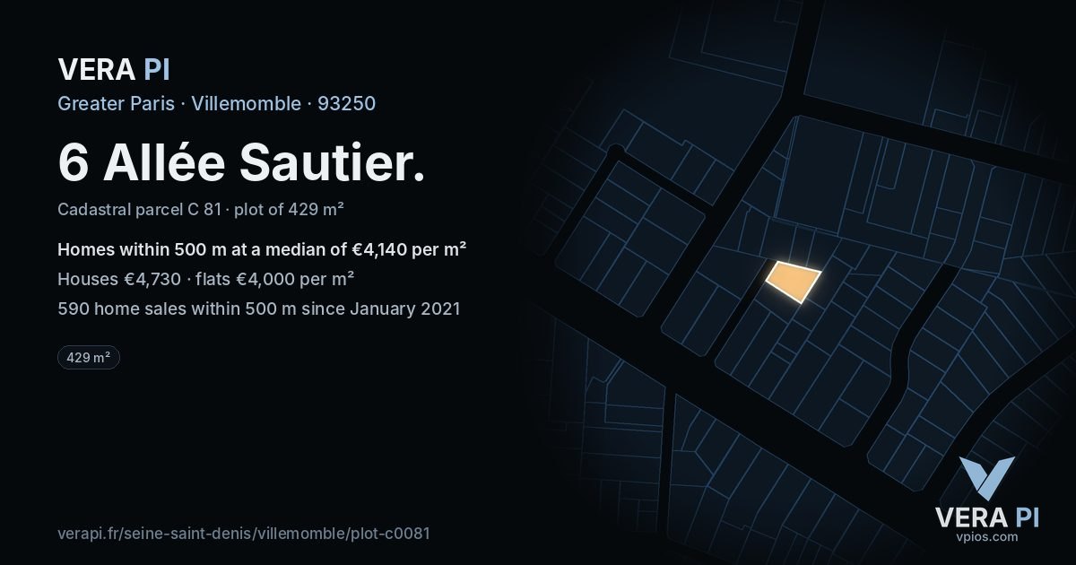 6 Allée Sautier, Villemomble at night – the plot lit, the parcels around coloured by the prices near them