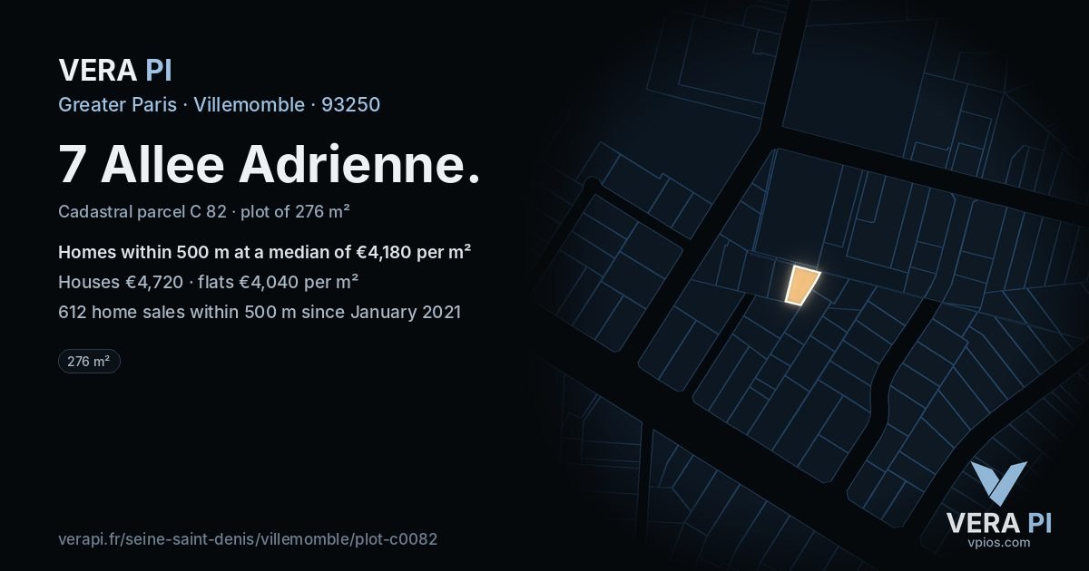 7 Allee Adrienne, Villemomble at night – the plot lit, the parcels around coloured by the prices near them
