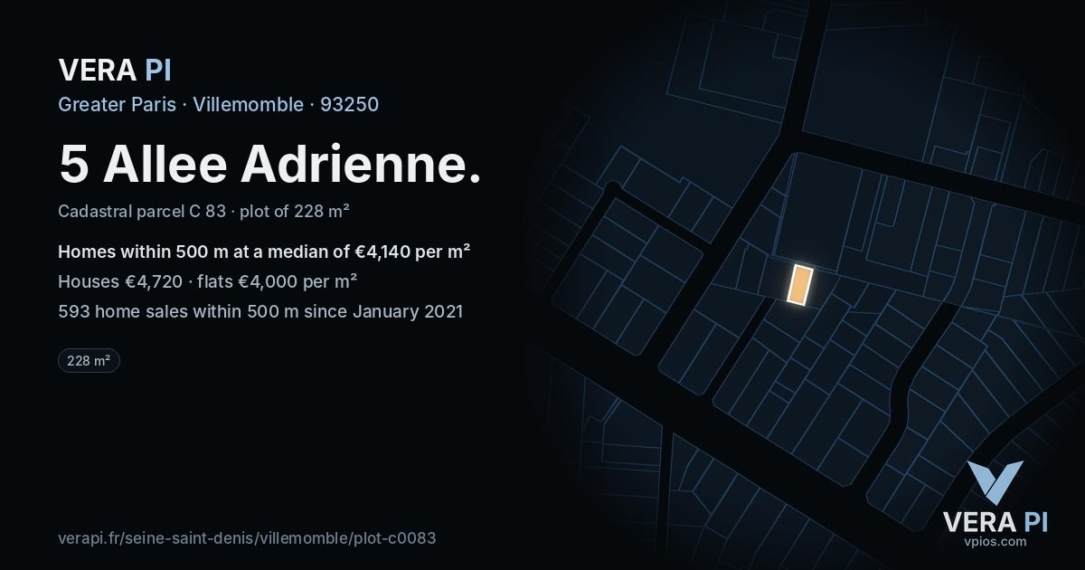 5 Allee Adrienne, Villemomble at night – the plot lit, the parcels around coloured by the prices near them