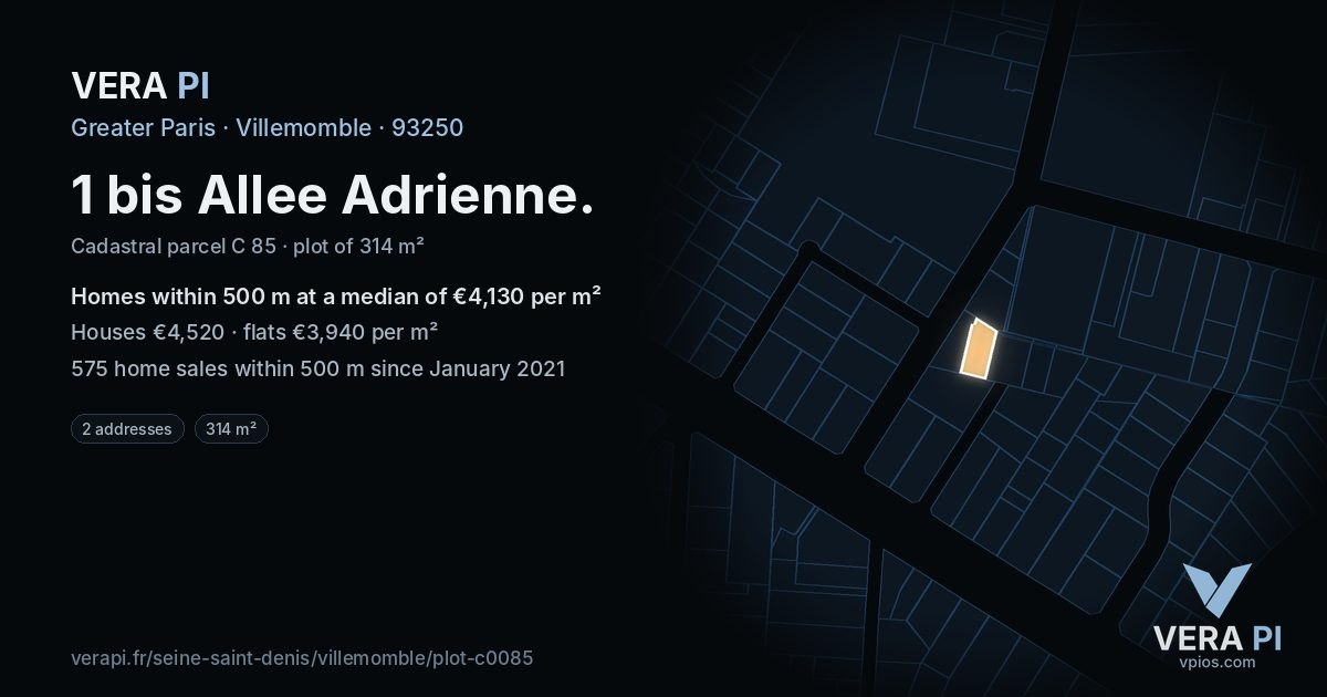 1 bis Allee Adrienne, Villemomble at night – the plot lit, the parcels around coloured by the prices near them