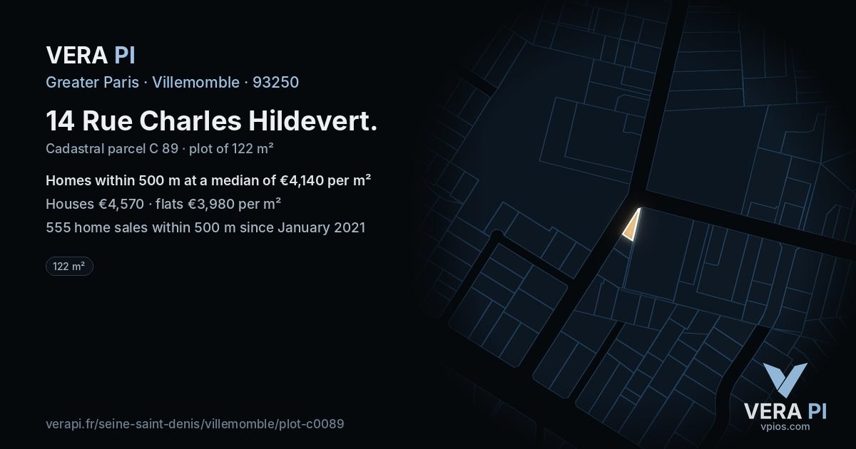 14 Rue Charles Hildevert, Villemomble at night – the plot lit, the parcels around coloured by the prices near them