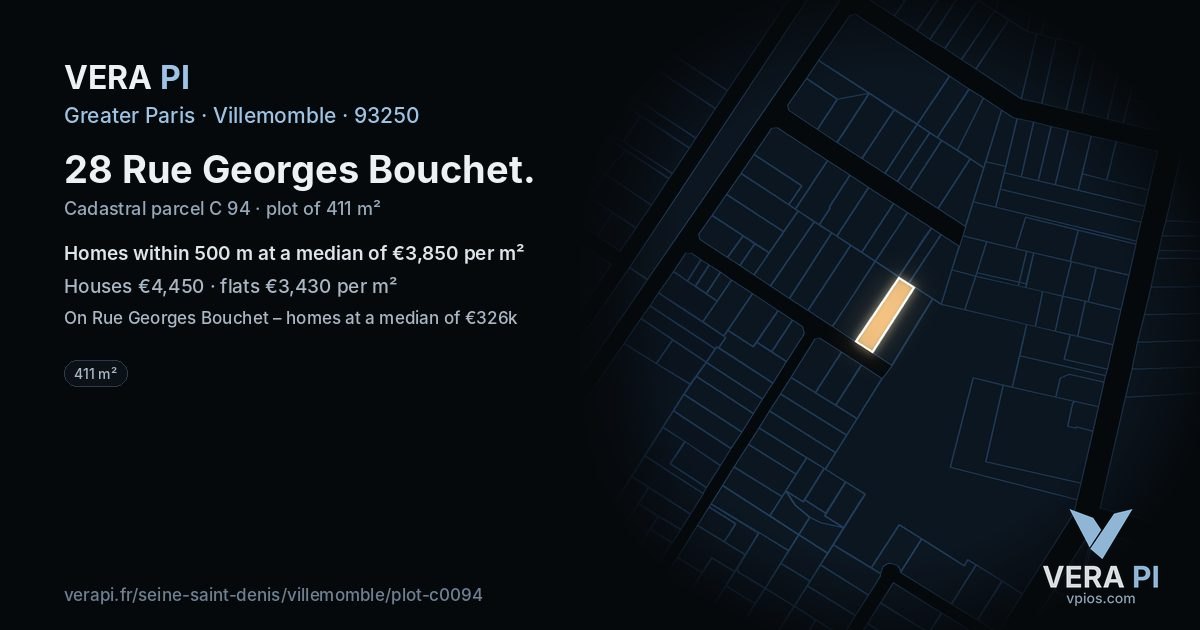 28 Rue Georges Bouchet, Villemomble at night – the plot lit, the parcels around coloured by the prices near them