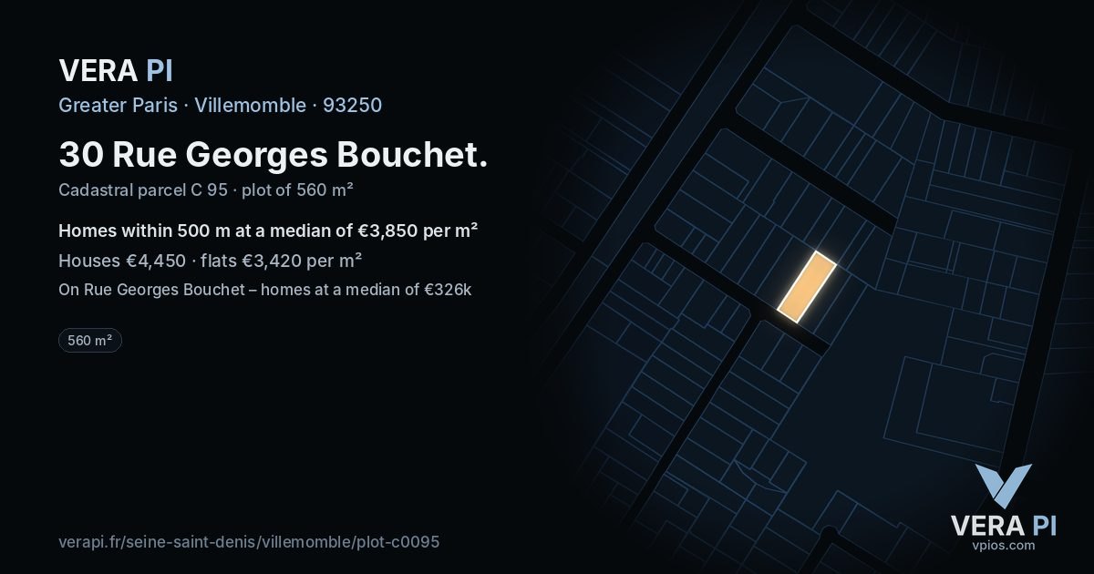30 Rue Georges Bouchet, Villemomble at night – the plot lit, the parcels around coloured by the prices near them