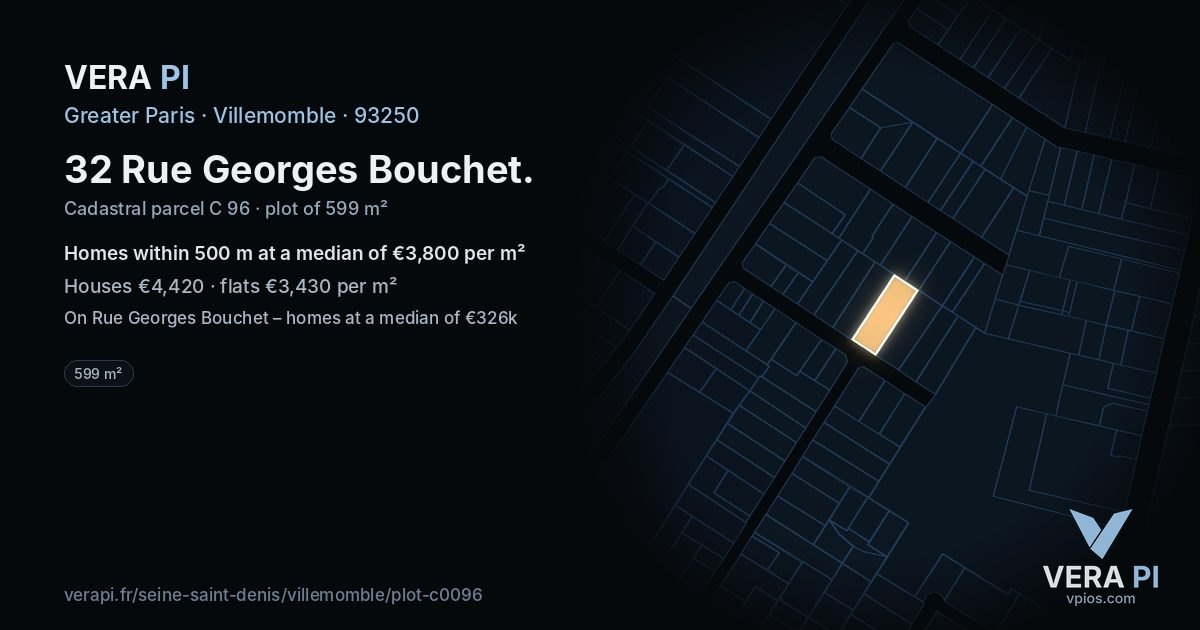 32 Rue Georges Bouchet, Villemomble at night – the plot lit, the parcels around coloured by the prices near them