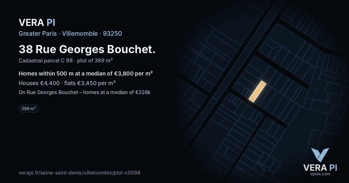 38 Rue Georges Bouchet, Villemomble at night – the plot lit, the parcels around coloured by the prices near them