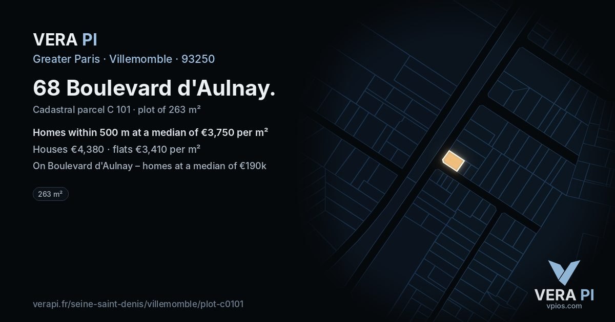 68 Boulevard d'Aulnay, Villemomble at night – the plot lit, the parcels around coloured by the prices near them