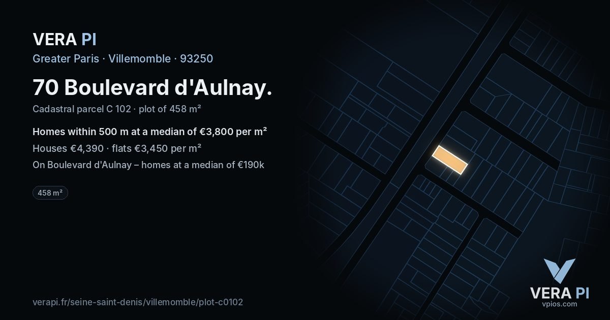 70 Boulevard d'Aulnay, Villemomble at night – the plot lit, the parcels around coloured by the prices near them