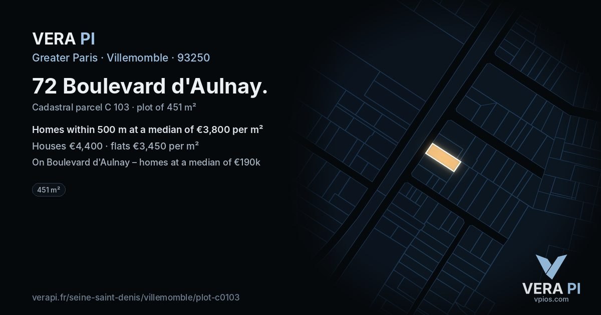 72 Boulevard d'Aulnay, Villemomble at night – the plot lit, the parcels around coloured by the prices near them
