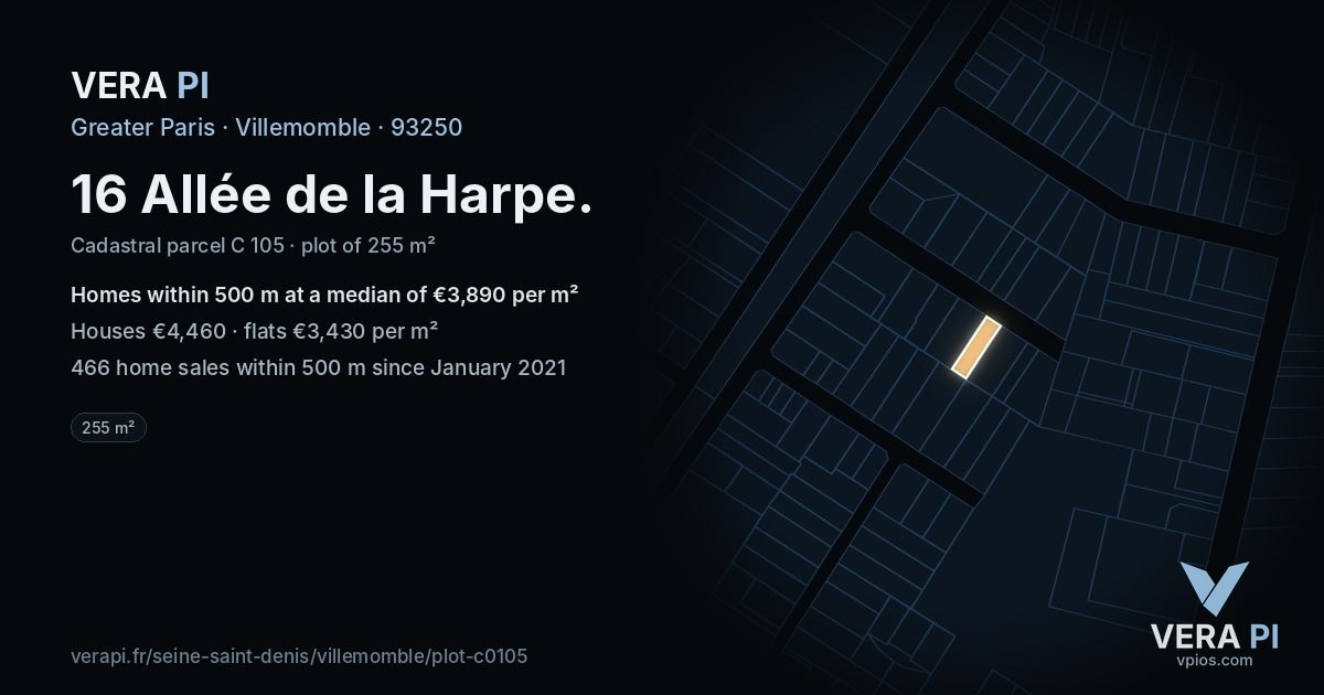 16 Allée de la Harpe, Villemomble at night – the plot lit, the parcels around coloured by the prices near them
